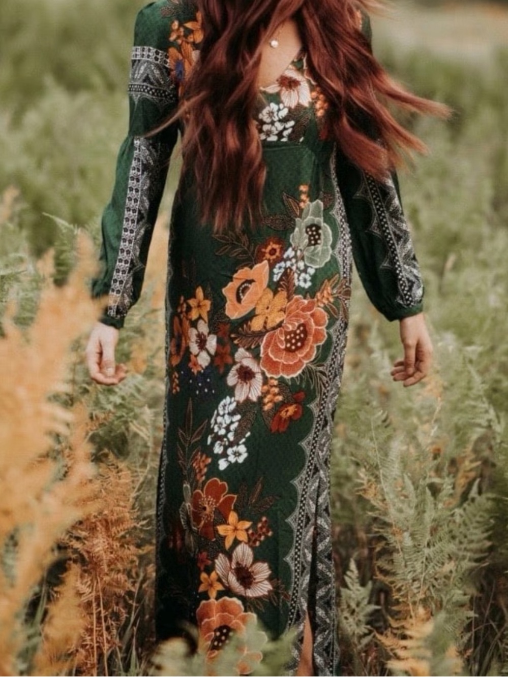 Farm Rio Anthropologie Verdor Maxi Dress Floral Long Sleeve Emerald Green M new - Picture 4 of 13
